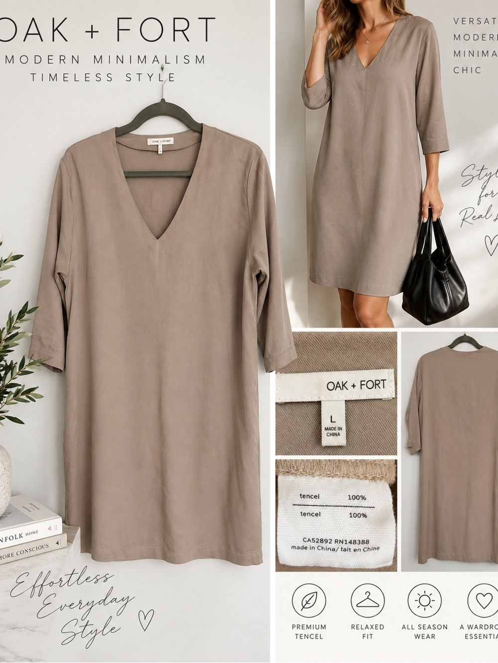 OAK + FORT 100% Tencel Taupe V-Neck Shift Dress Size L